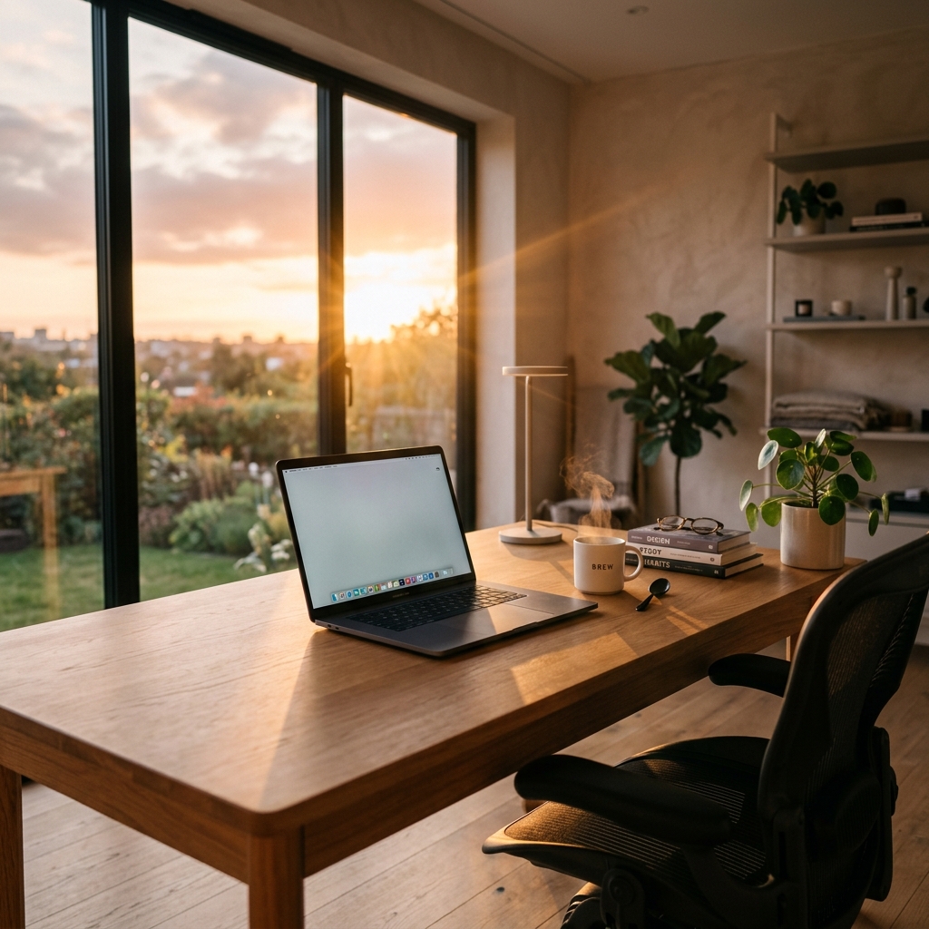 Espacio de trabajo y vista de atardecer en Concón
